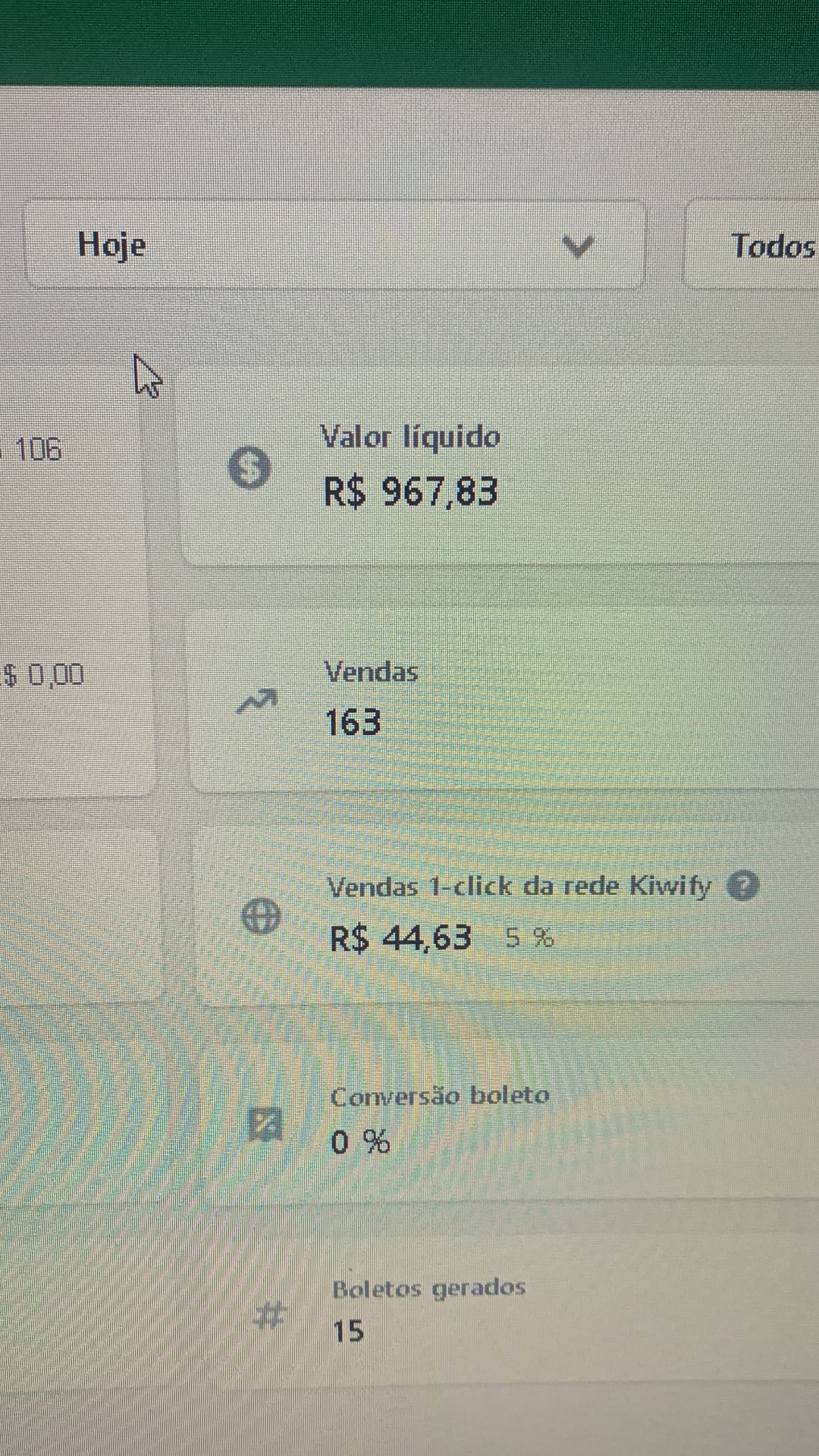 Painel de vendas com 163 vendas e R$ 967,83 de valor líquido