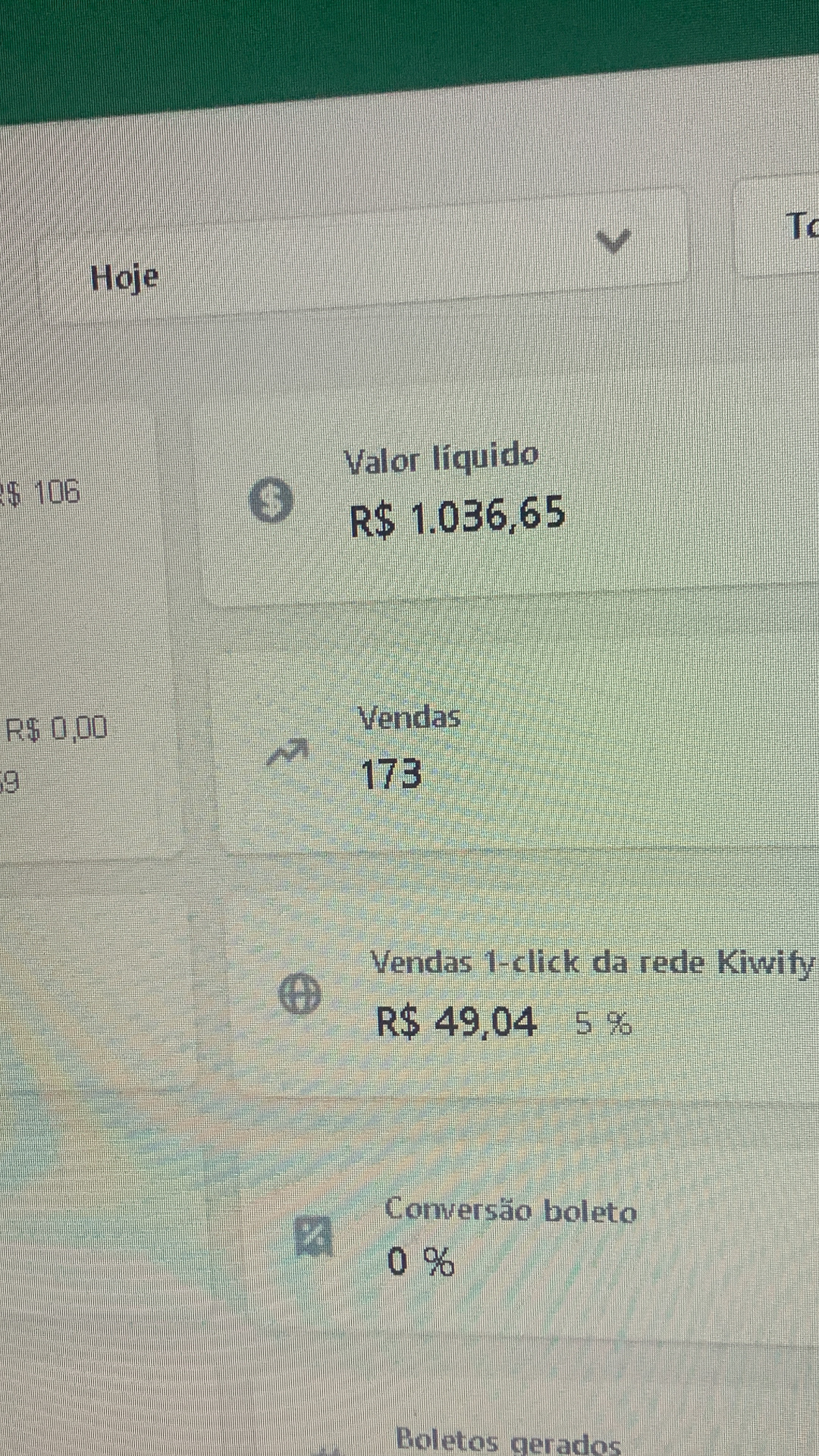 Painel de vendas com 173 vendas e R$ 1.036,65 de valor líquido
