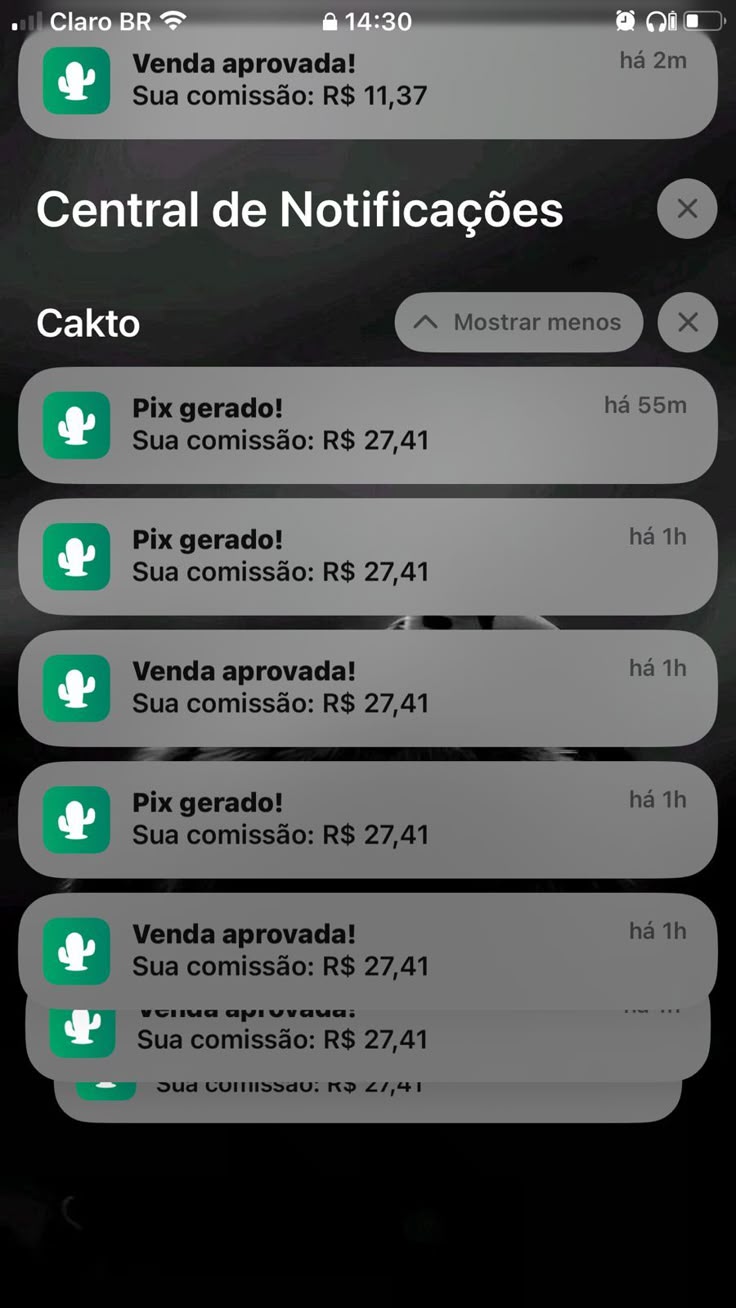 Notificações de vendas aprovadas com comissões de R$ 27,41
