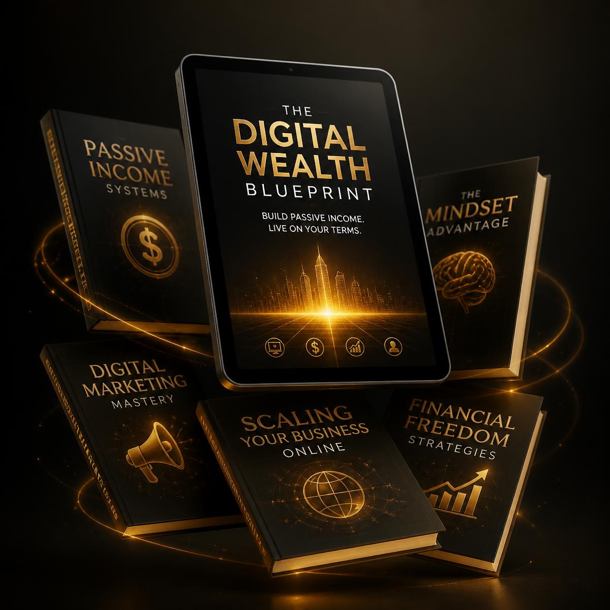 Coleção de eBooks digitais do pack exibida em tablet e capas premium